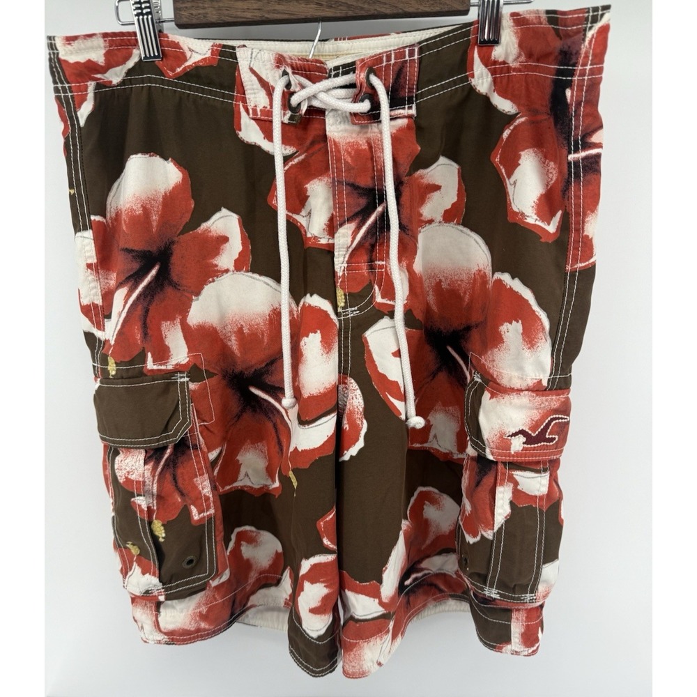 Hollister Mens Hibiscus Floral Board Shorts Brown Red Cargo Swim Trunks Size M